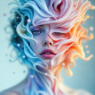 The primary subject of the image is a woman with a colorful, swirling, and flowing hair. The setting is a white background, which provides a clean and minimalistic environment for the woman's vibrant appearance. The visual style is a combination of photo and digital art, creating a unique and artistic representation of the woman's hair. The colors and mood of the image are predominantly pink, blue, and white, giving it a whimsical and dreamy atmosphere.